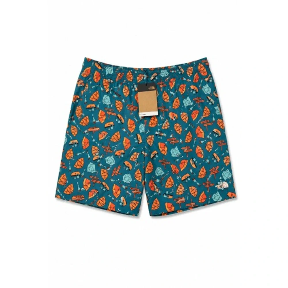 The North Face Allover Camping Print Shorts Men XL Blue Travel Coastal Beach NWT